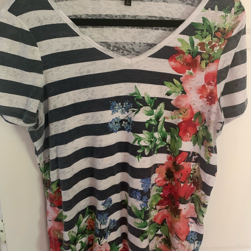 DG2 Diane Gilman from HSN large striped T shirt with glittery stones on front